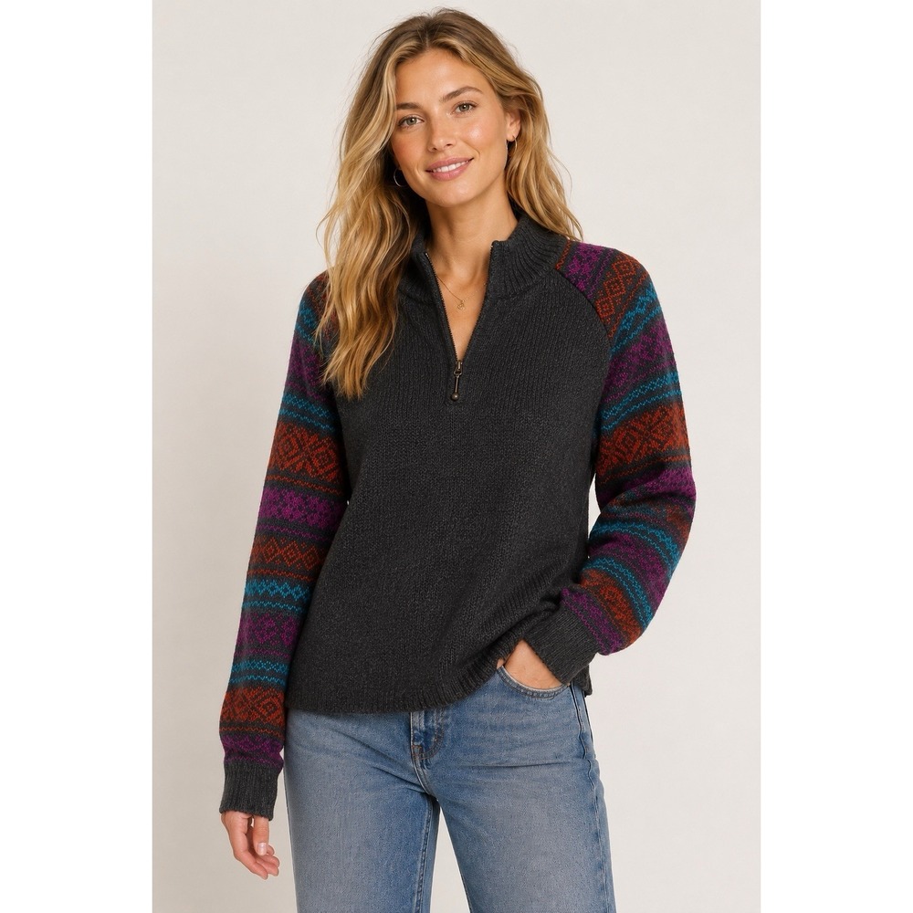 Alpaca Imports Womens Sweater Gray‎ Purple Aztec Sleeve Large 1/4 Zip